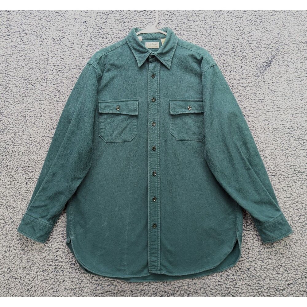 VTG LL Bean Chamois Cloth Shirt Mens LG Tall / 16 Tall USA Made Workwear Green